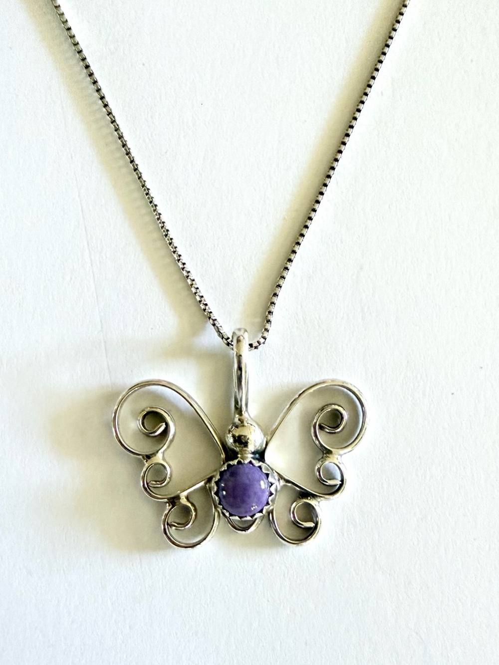 Vtg 925 Sterling Silver Purple Stone Butterfly Pendant Necklace SU Italy Chain
